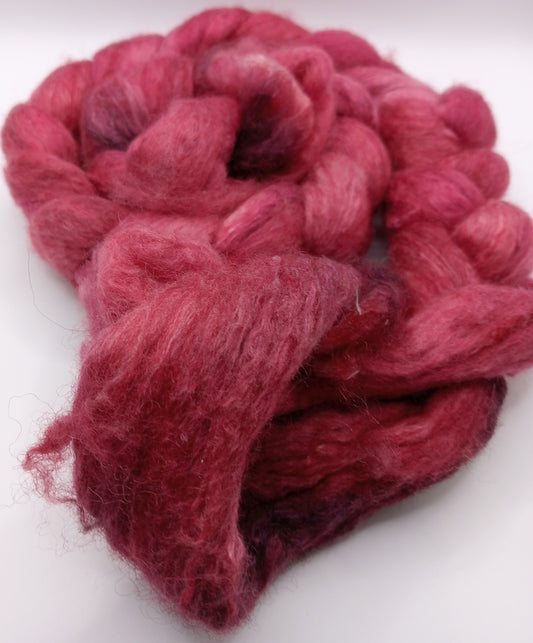 100G Falkland/Mulberry Silk hand dyed fibre combed top - "Camellia"