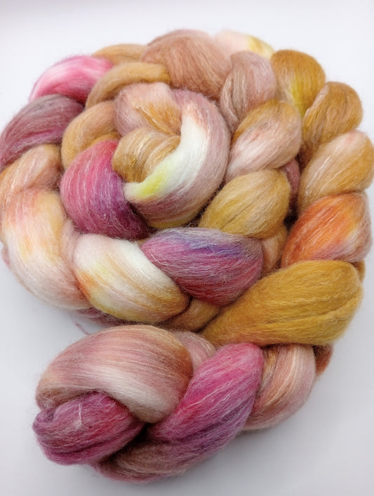 100G Rambouillet/Rose hand dyed custom blend fibre - combed top raspberry/yellow fusion
