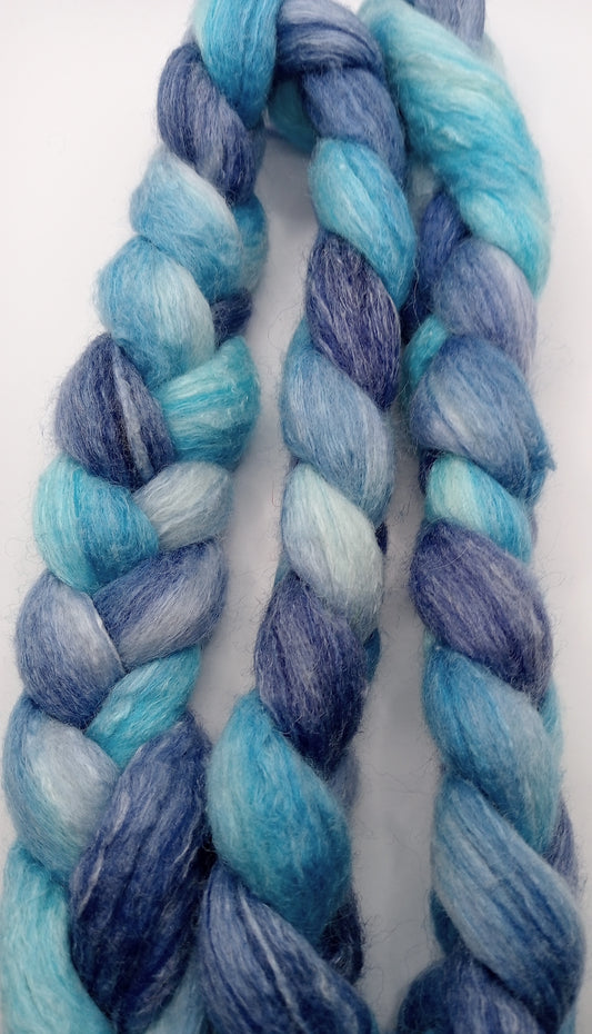 100G Falkland/Mulberry Silk hand dyed fibre combed top - "Ocean Depths"