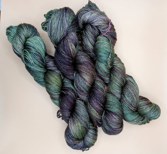 100G Bluefaced Leicester and silk hand dyed Lace Weight Yarn- "Viridian Night"